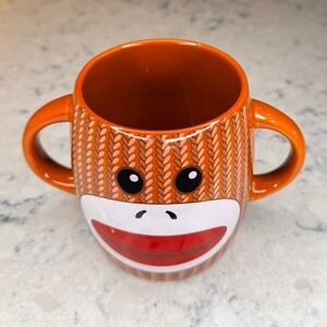 Sock Monkey double handle mug, approx 10oz, graphic on both sides, EUC